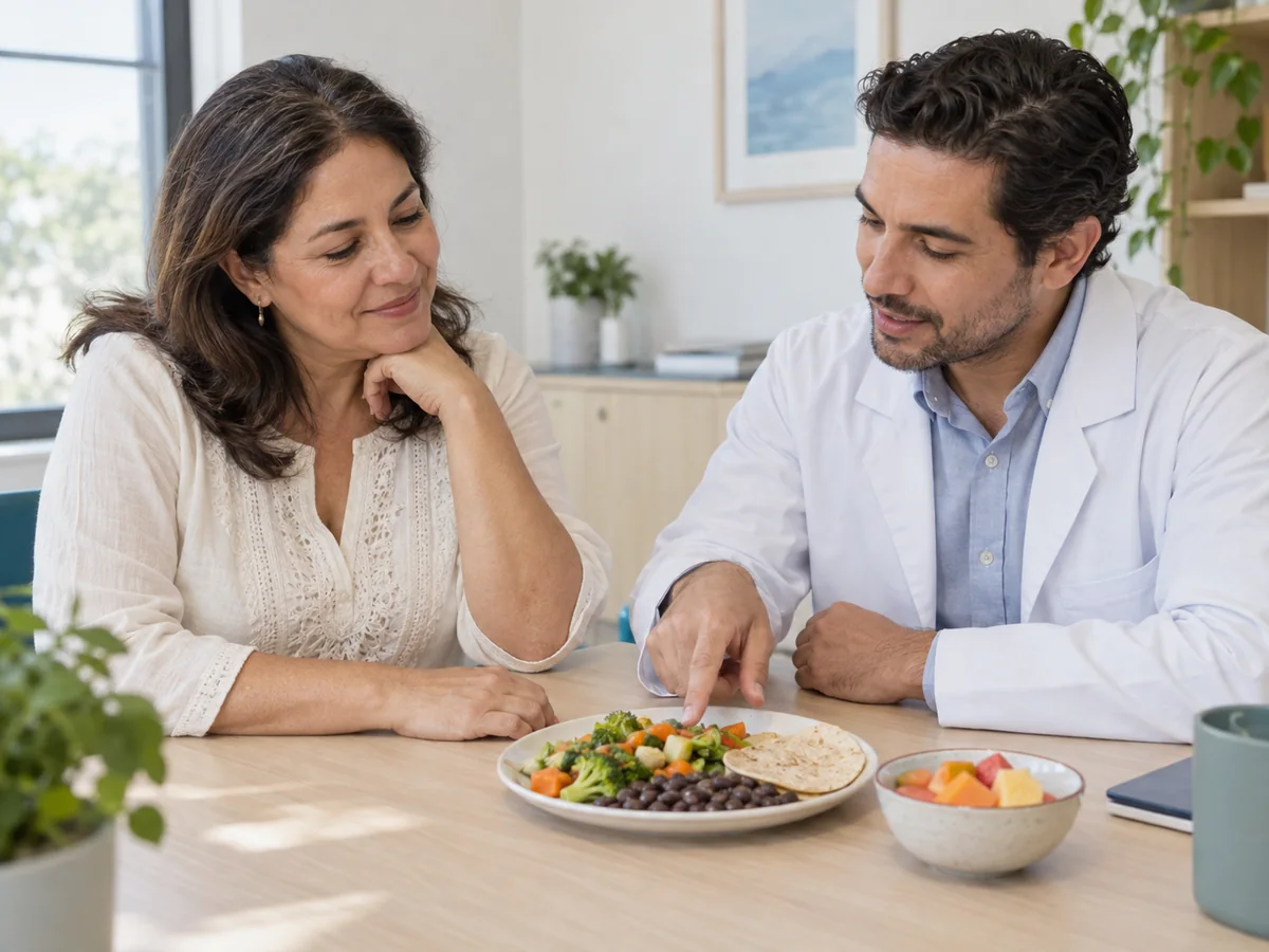 Nutriólogo explicando un plato balanceado a una paciente