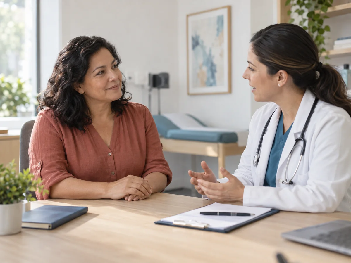 Mujer conversando con su médica en una consulta tranquila