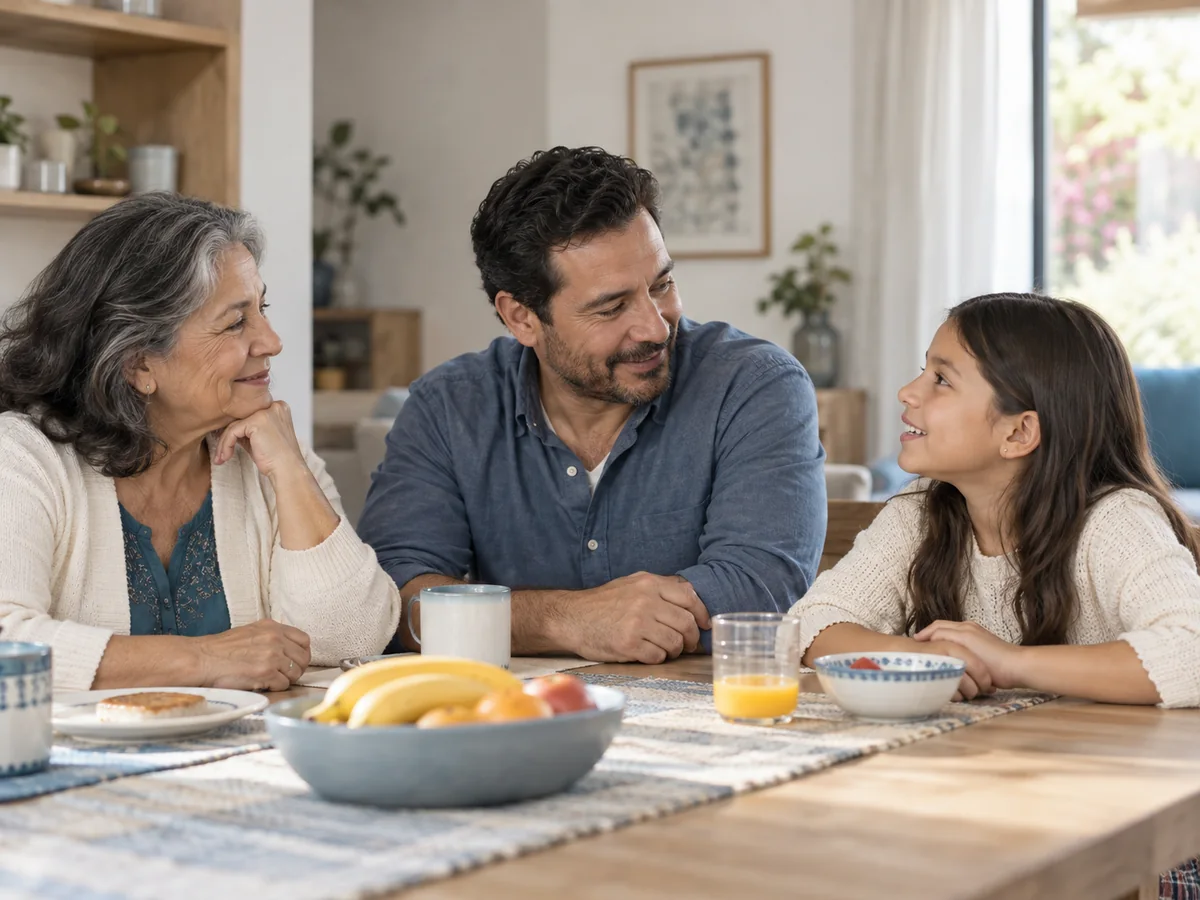 Tres generaciones de una familia conversando en la mesa
